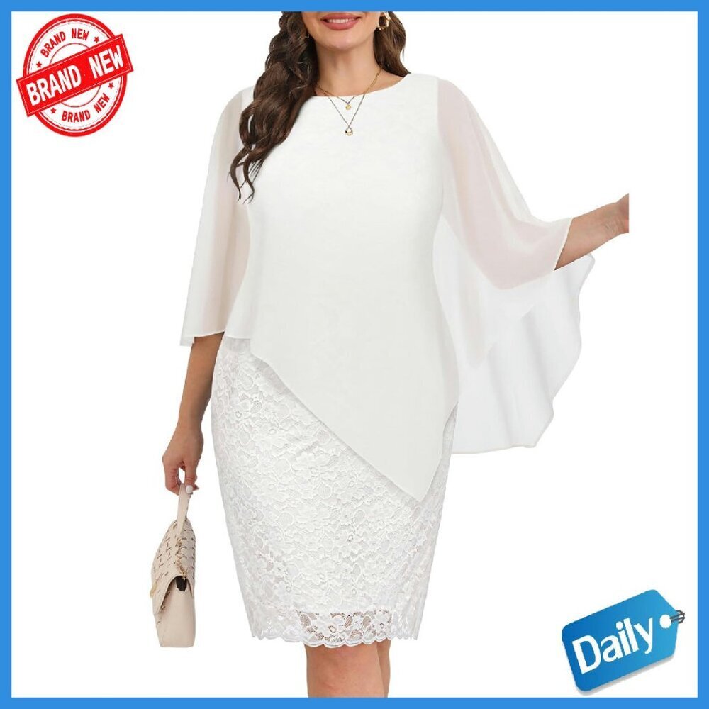 Plus Size Lace Cape Chiffon Overlay Semi Formal Wedding Guest Dress